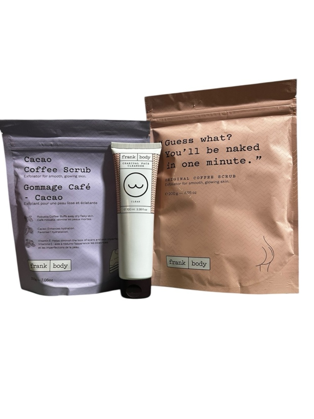 Frank Body Bundle of 3 Exfoliating Coffee Scrubs and Charcoal Face Cleanser New
